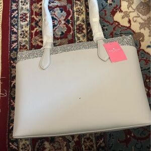 Kate Spade ♠️ white tote bag with silver glitter border